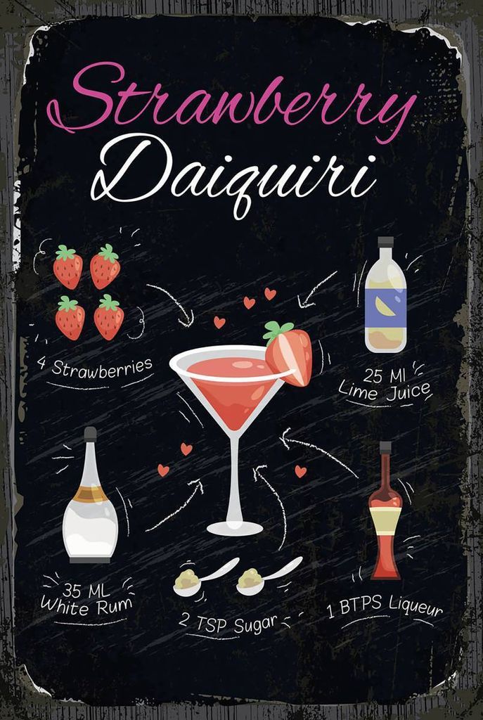 vianmo Holzschild 18x12 cm Strawberry Daiquiri Cocktail