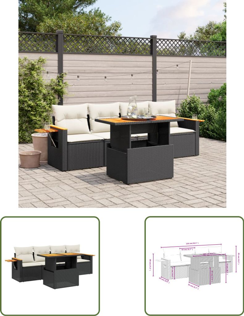 The Living Store 5-tlg. Garten-Sofagarnitur mit Kissen Schwarz Poly Rattan