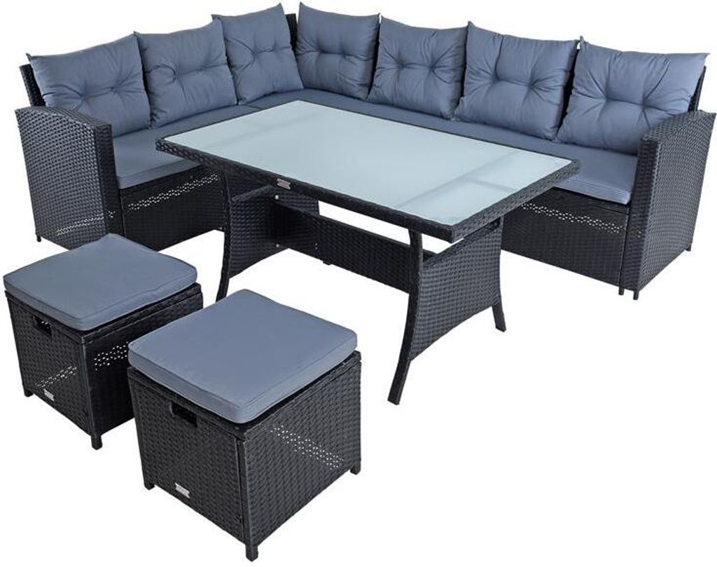 An outdoor seating and dining set with a sectional sofa, a table, and two ottomans, all made of black polyrattan with gray cushions.