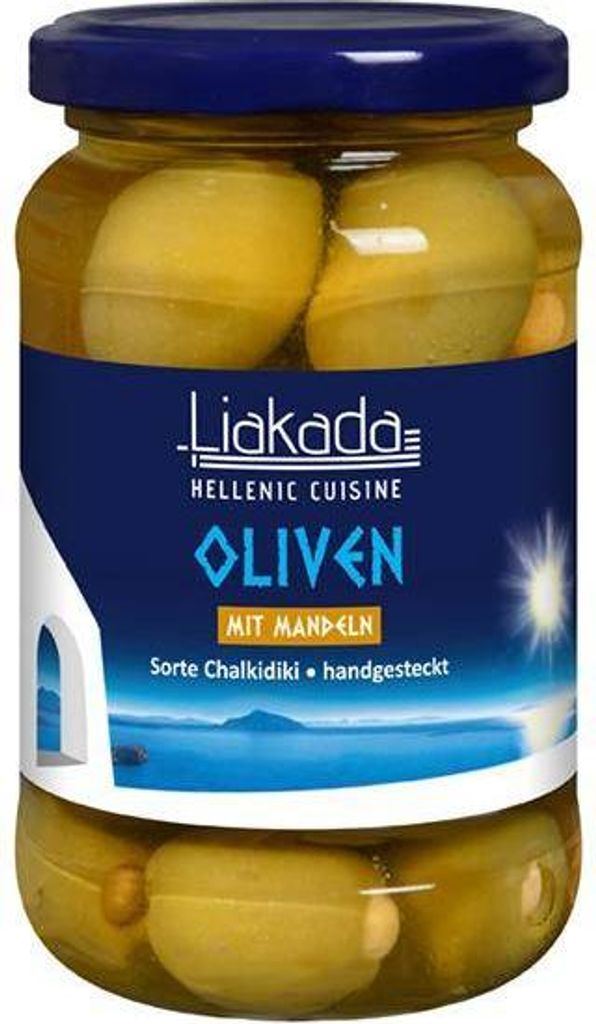 Liakada Grüne Oliven mit Mandeln Sorte Chalkidiki handgesteckt 200 G Glas Vegan Glutenfrei Fruchtig, leicht bitter, würzige Note