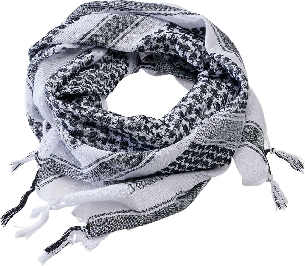 A folded black and white patterned scarf with tassels.