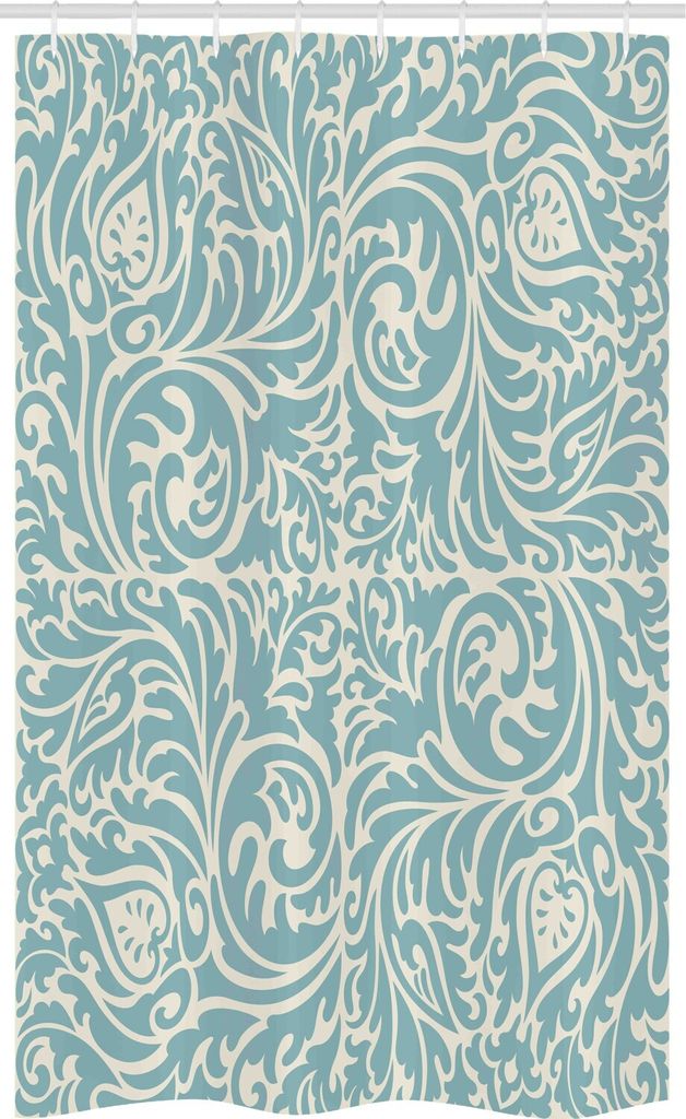 ABAKUHAUS Blau und Beige Schmaler Duschvorhang, Vintage Blumen Curls, Badezimmer Deko Set aus Stoff mit Haken, 120 x 180 cm, Hellblau und Beige