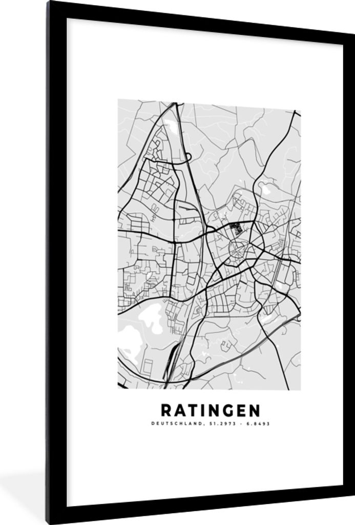 MuchoWow Gerahmtes Poster Ratingen - Karte - Stadtplan - Deutschland - Karte 60x90 cm - Poster mit Schwarzem Bilderrahmen Wandposter Rahmen Foto ...