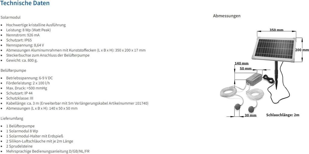 Solar Teichbelüfter Set 8/200, Sauerstoffpumpe 100 l/h, 101845
