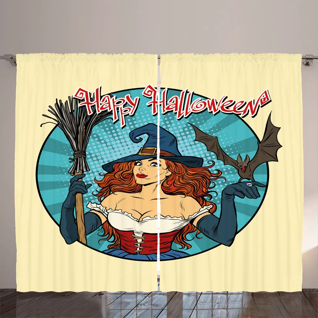 Rideau Rustique Halloween Jaune Pâle Sorcière Pop Art 280 cm de Large