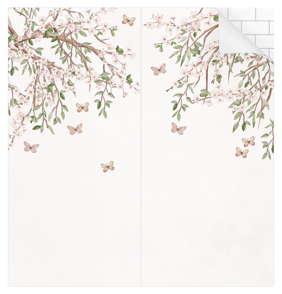 Duschrückwand Blumen selbstklebend - 0.61 mm Wandpaneel wasserfest Kirschblüte weiss Aquarell Badrückwand fugenlos Premium matt 110x200 cm