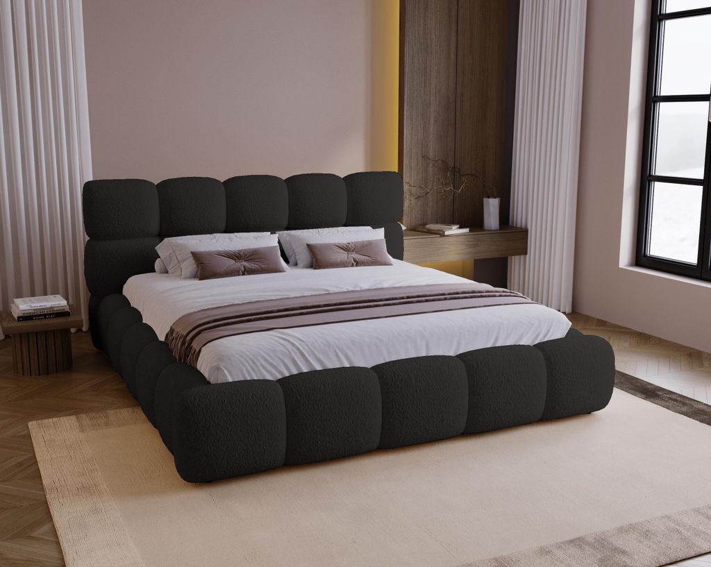 BESILIO Polsterbett 180x200 Bouclé Boston – Bett mit Bettkasten und Lattenrost, modernes Stauraumbett aus dickem Schaumstoff – Schwarz