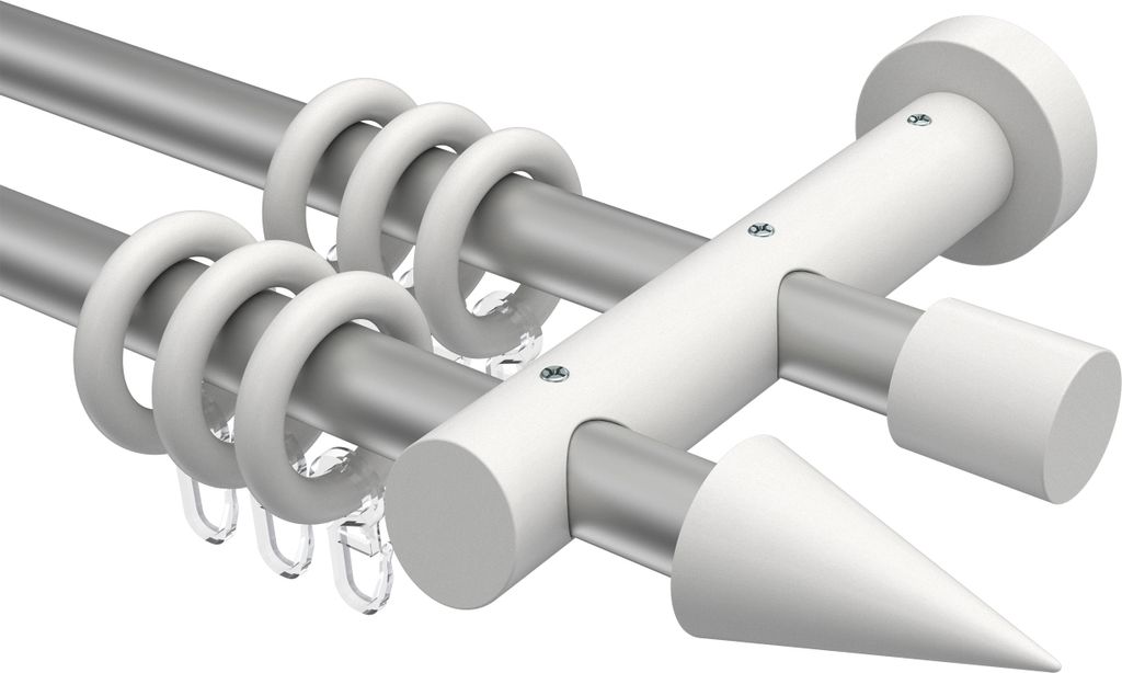Interdeco Gardinenstange / Vorhangstange Silbergrau / Weiß, Typ Talena Siveo (Kegel), 20 mm Ø 2-läufig, 400 cm