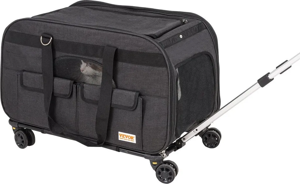 Sac de transport pour chat à roulettes noir et pliable avec bol