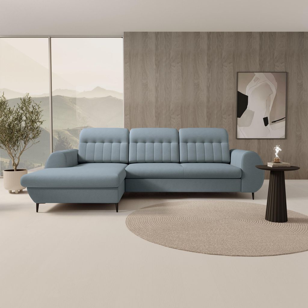 Masseno Ecksofa PURO L-S mit Schlaffunktion L-Form, Sofa mit Bettkasten, Wohnzimmersofa, Couch, Soffa, Bettsofa, Couchgarnitur- Blau, CASTEL 91