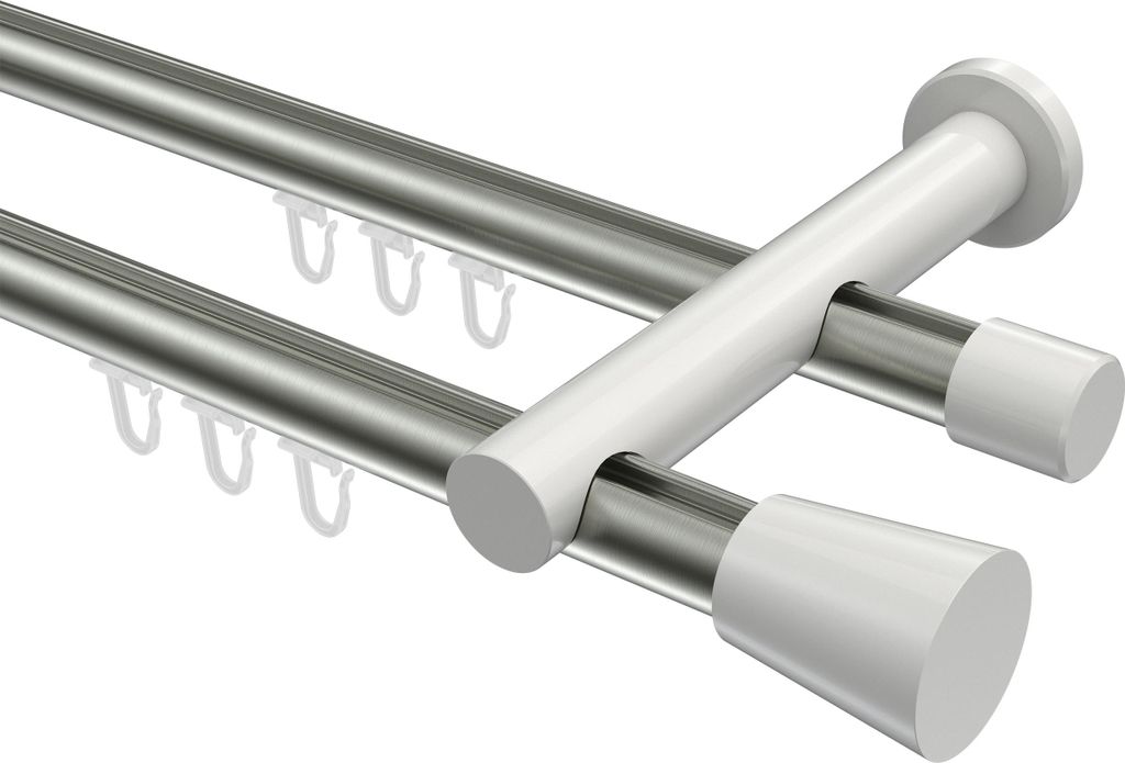 Interdeco Innenlaufstange / Gardinenstange mit Innenlauf Edelstahl-Optik / Weiß, Typ Platon Sitra (Konus), 20 mm Ø 2-läufig, 520 cm