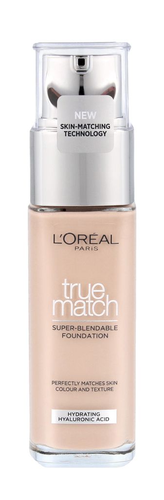 A bottle of L'Oréal Paris True Match foundation is shown against a white background.