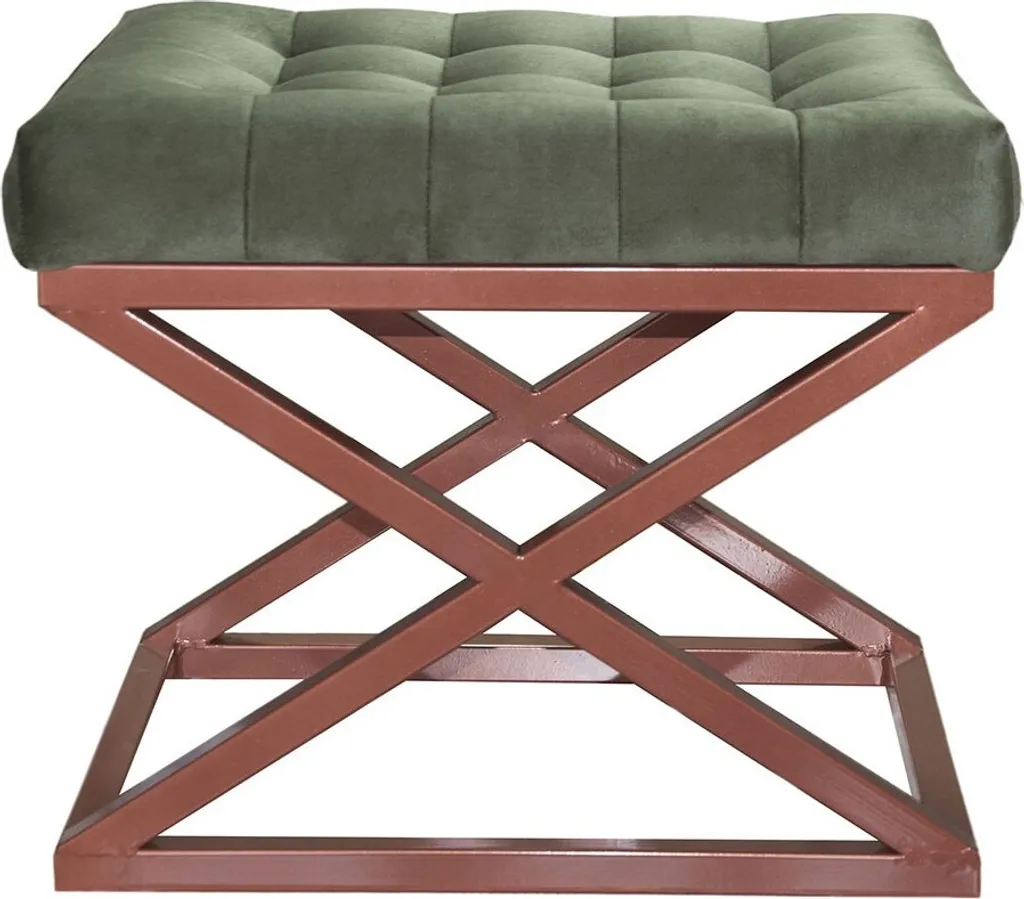 Pouf rectangulaire en velours vert et structure cuivre luxe - 50x40x42 cm