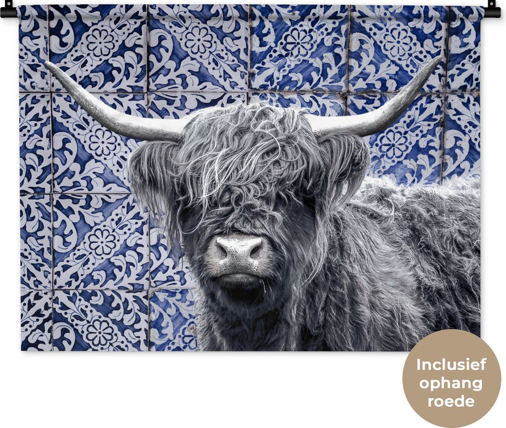 MuchoWow Wandteppich Wandbehang Delfter Blau - Schottisches Hochlandrind - Schwarz - Weiß 90x67.5 cm Tapisserie Dekoration Wandtuch - Fototeppic...