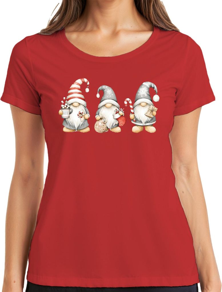 Weihnachtswichtel niedlich Zuckerstange Geschenk Scandi Trio Damen T-Shirt, Rot, XXL