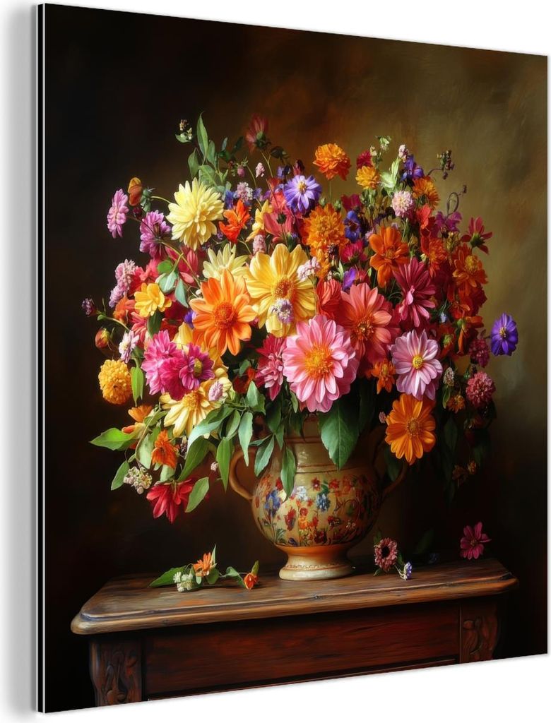 MuchoWow Wanddekoration Metall Metallbild Wandkunst 90x90 cm Farben - Blumenstrauß - Vase - Holz MuchoWow Aluminium Gemälde - Dekoration - Indust...