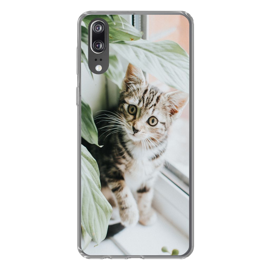 MuchoWow Handyhülle Schutzhülle Hülle für Huawei P20 Katze - Kätzchen - Pflanzen Silikon Softcase Handy Hülle - Hardcover