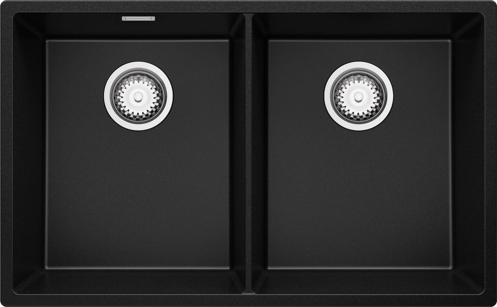 PRIMAGRAN Spülbecken Schwarz 76x47cm, Granitspüle 2 Becken + Ablauf-Set, Küchenspüle ab 80er Unterschrank - London Slim Twin