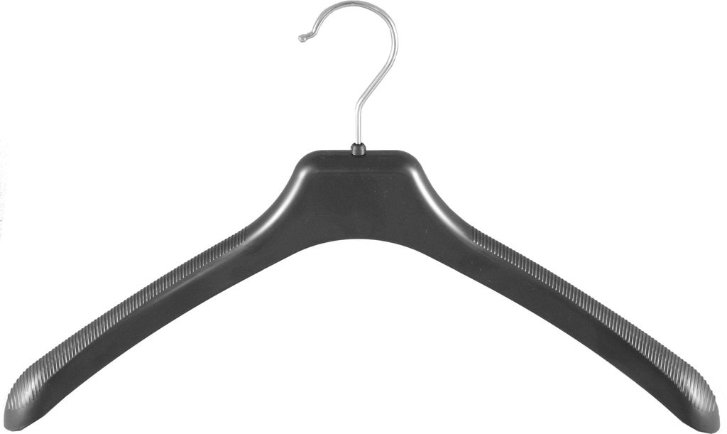 A black plastic clothes hanger is displayed against a white background.