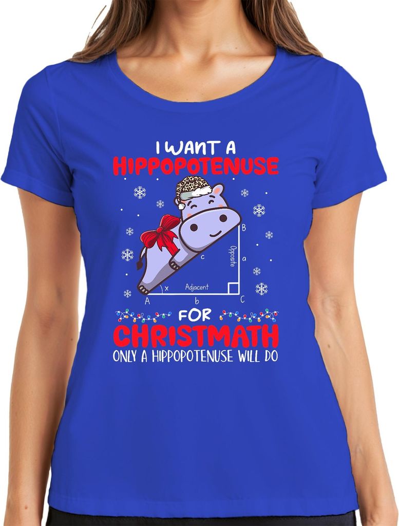 Hippopotenuse Christmath Hippo Santa Schleife Schnee Mathe Lustig Damen T-Shirt, Blau, 3XL