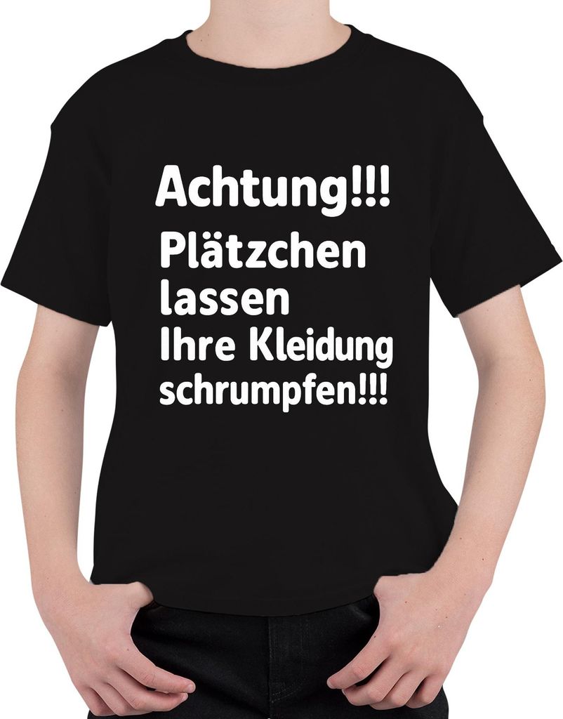 Achtung Plätzchen lassen schrumpfen Weihnachten Backen Humor Uni Kinder T-Shirt, Schwarz, 128