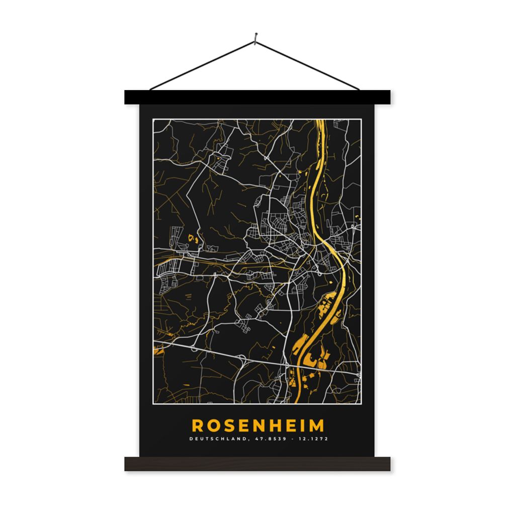 MuchoWow Textilposter Rosenheim - Stadtplan - Karte - Deutschland - Gold 120x180 cm mit schwarzem Rahmen - Fotos