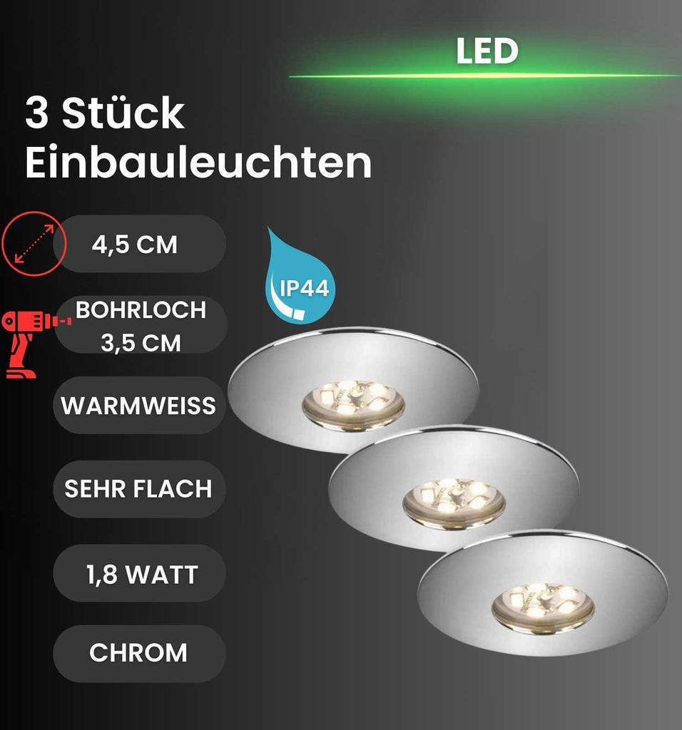 3 x Briloner LED Einbauleuchte rund Chrom IP44 3 x 1,8W 150lm warmweiß 3000K 110°