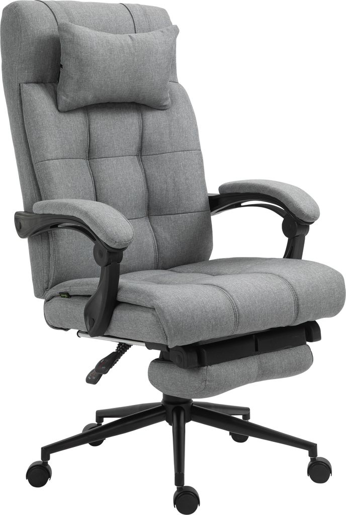 A gray office chair with a headrest and footrest is shown against a white background.