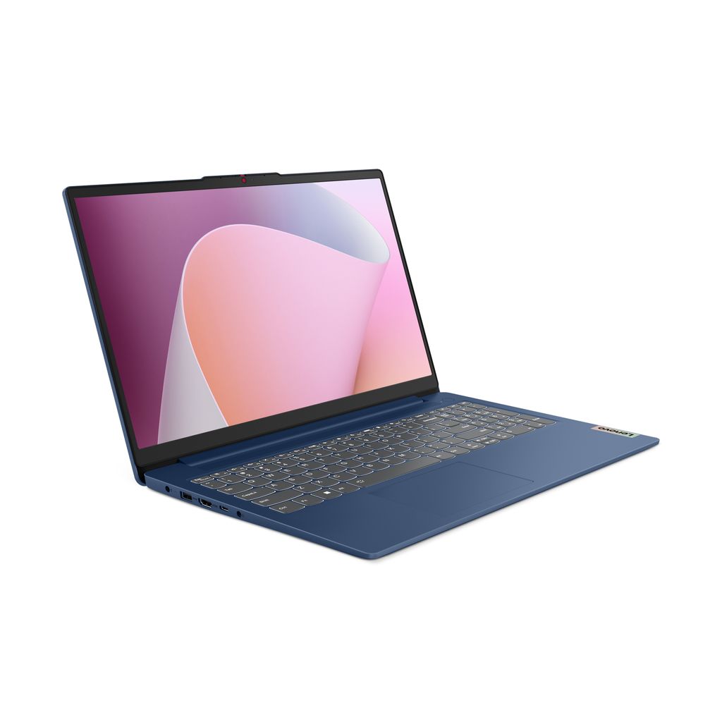 A blue Lenovo IdeaPad laptop is shown from a diagonal angle against a white background.