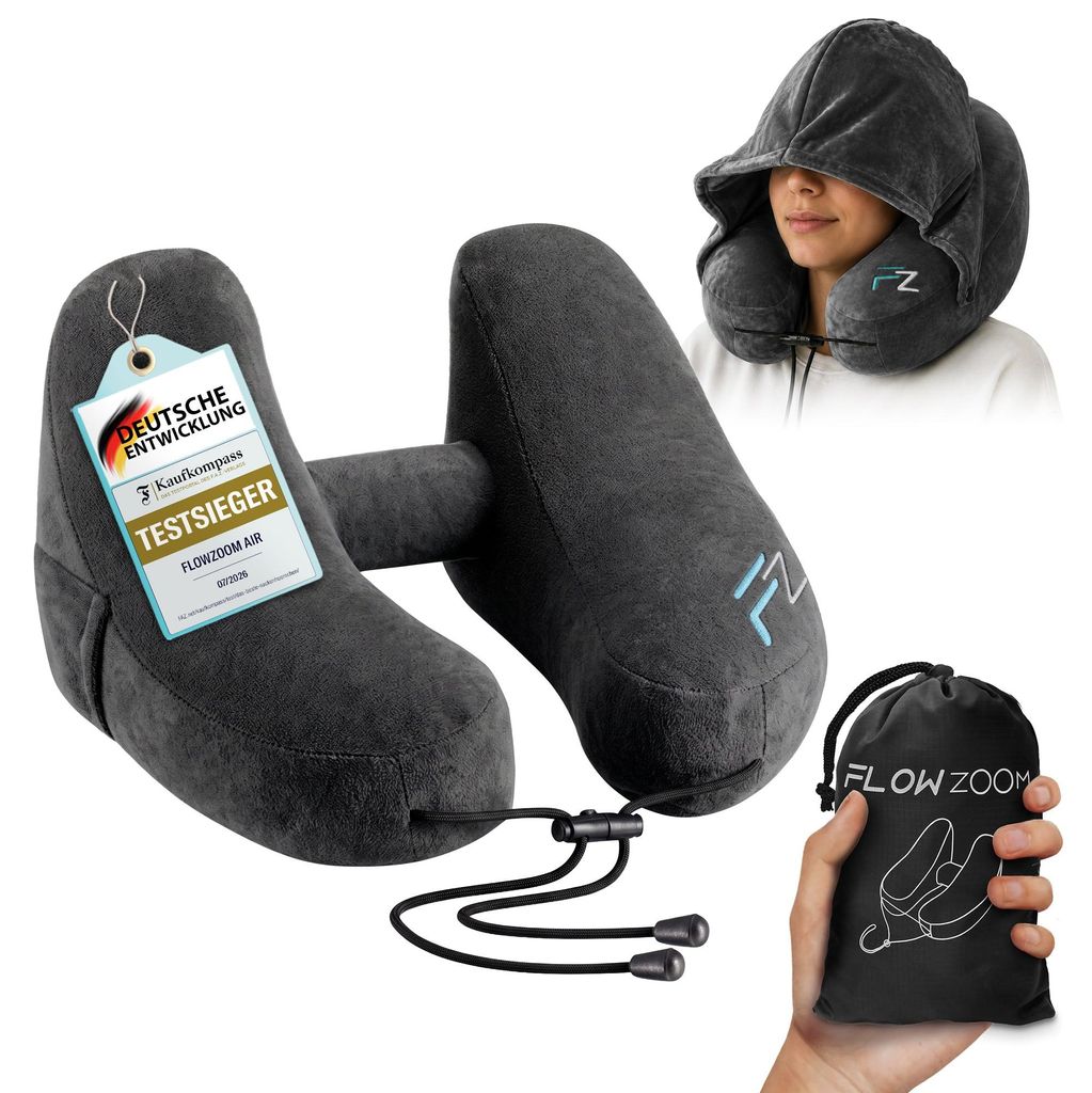 FLOWZOOM AIR Aufblasbares Reise-Nackenkissen mit Kapuze, Produktbild 
