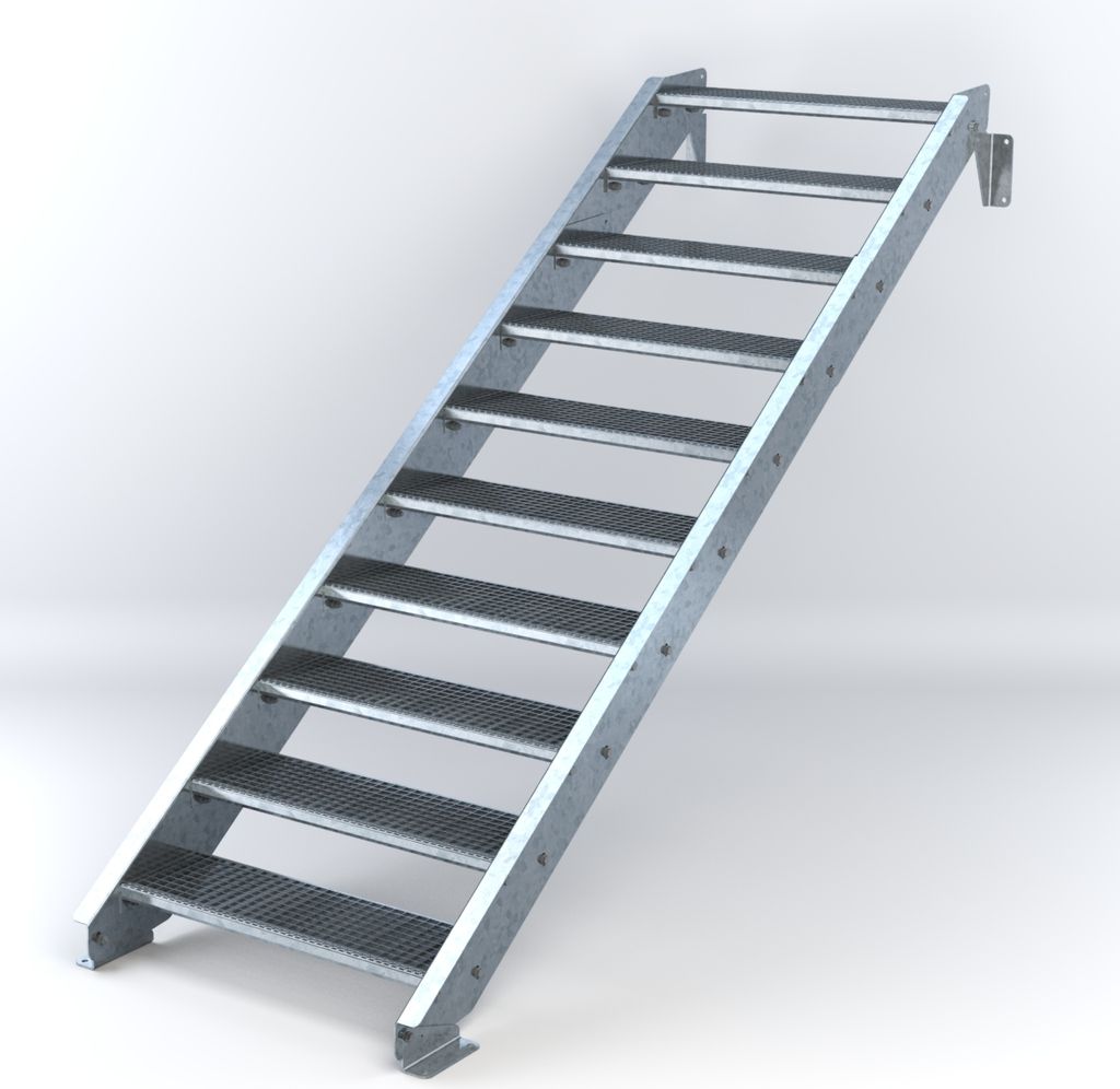 Stahltreppe 10 Stufen bis Höhe 200 cm, Laufbreite : 90 cm kein Geländer ST 3 (31 / 9 mm schmal)