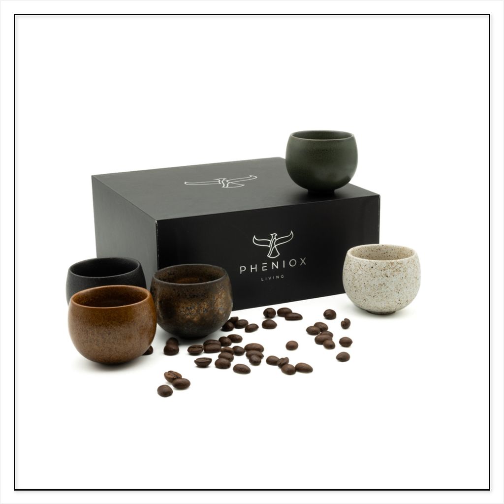 Pheniox | Espressotassen 5-teiliges Set Timeout Mini | 50 ml | hochwertige Tassen aus Steingut | japanischer Stil ohne Henkel | Mokkatassen