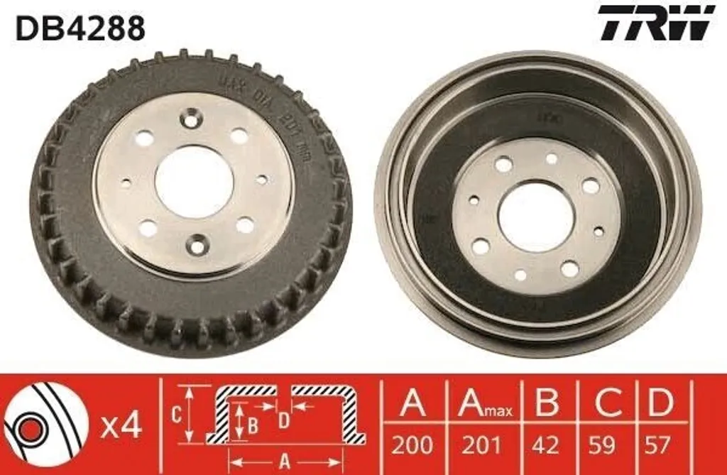 Tambour de Frein Arrière TRW DB4288 pour Berline Cerato et Fiat Panda