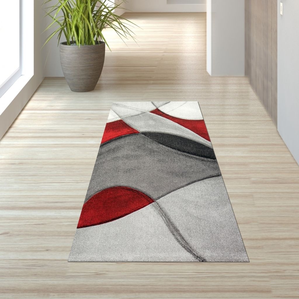 Teppich modern Teppich Wohnzimmer abstrakt in rot grau schwarz Größe - 80 x 300 cm