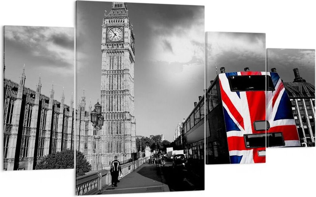 Bild auf Leinwand - Leinwandbild - Bus London Big Ben Gebäude - 160x90cm - Wand Bild - Wanddeko - Leinwanddruck - Bilder - Kunstdruck - Wanddekora...