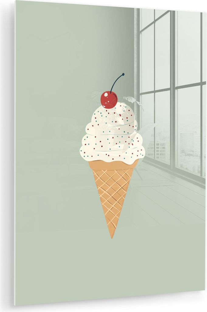 MuchoWow Glasbilder - Bilder auf Wandbild - Foto auf Glas Illustration - Eiscreme - Sprenkeln - Kirsche 30x40 cm Wanddekoration aus Glas - Acrylgla...