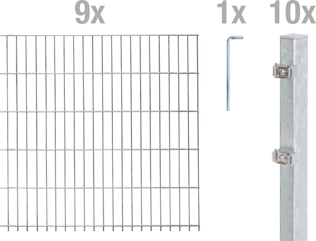 Alberts Doppelstabmattenzaun 8-6-8, Matten 2,50 m, Höhe 1,03 m, Länge 22,5 m, feuerverzinkt, Zaun als Komplettset, Pfosten mit Abdeckleiste 60x40 mm