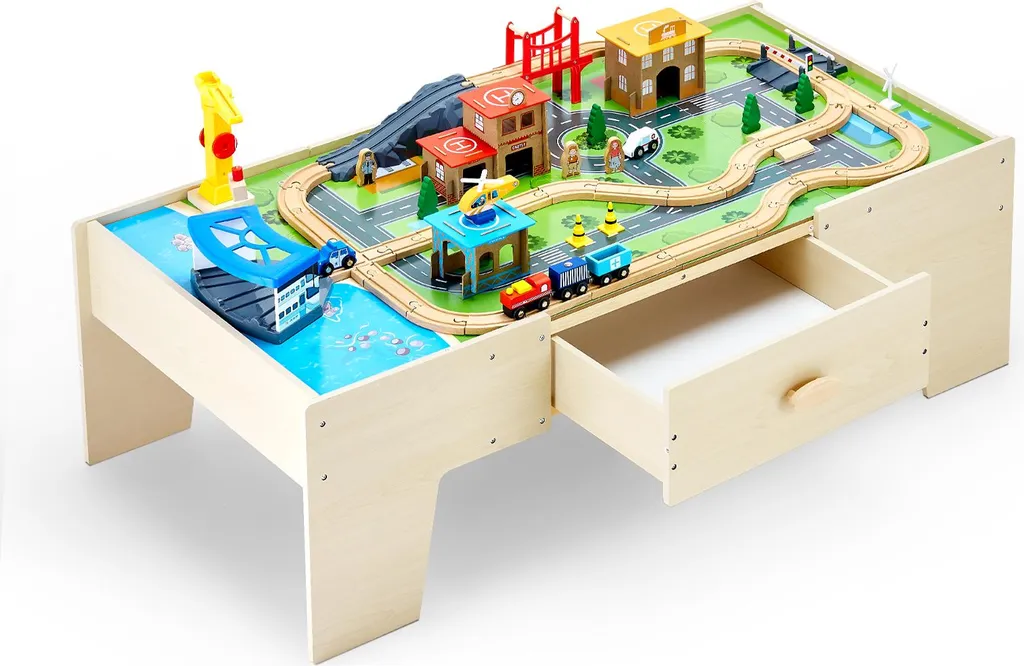 Table d'enfant 3 en 1 en bois avec circuit de train et tiroir de rangement