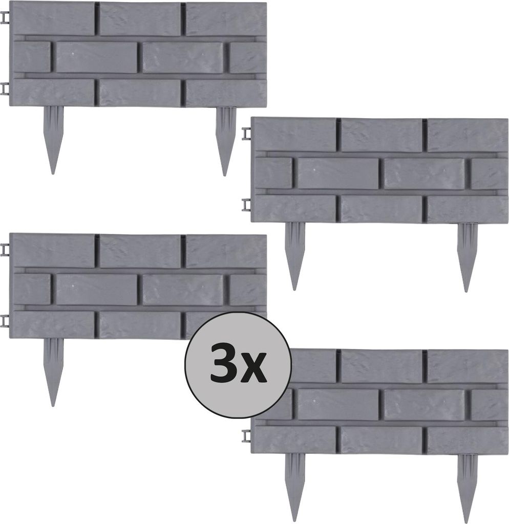 A collage of three garden border sections with a brick pattern, and a '3x' graphic.