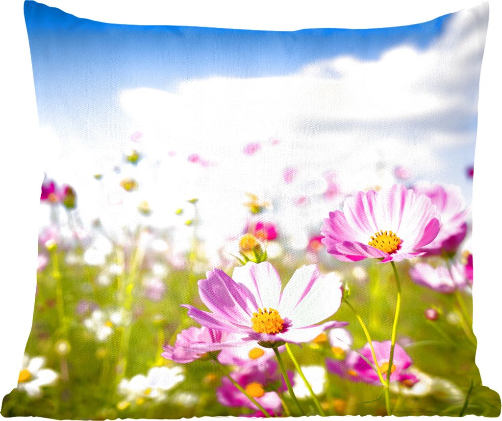 MuchoWow Zierkissen Sofakissen Wohnzimmer Dekokissen 40x40 cm Blumen - Wiese - Lila - Gras - Weiß - Wolken - Blau - Foto Kissen - Schlafzimmer D...