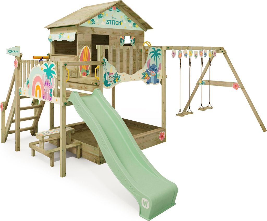 WICKEY Spielturm Disney Stitch Quest mit Schaukel & Rutsche, Stelzenhaus mit Sandkasten, Kletterleiter & Spiel-Zubehör
