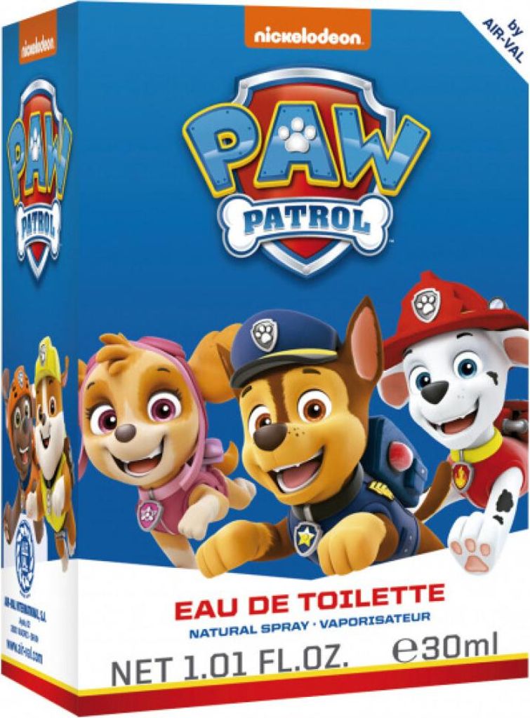 The image shows the front of a Paw Patrol Eau de Toilette spray box, featuring characters from the show.