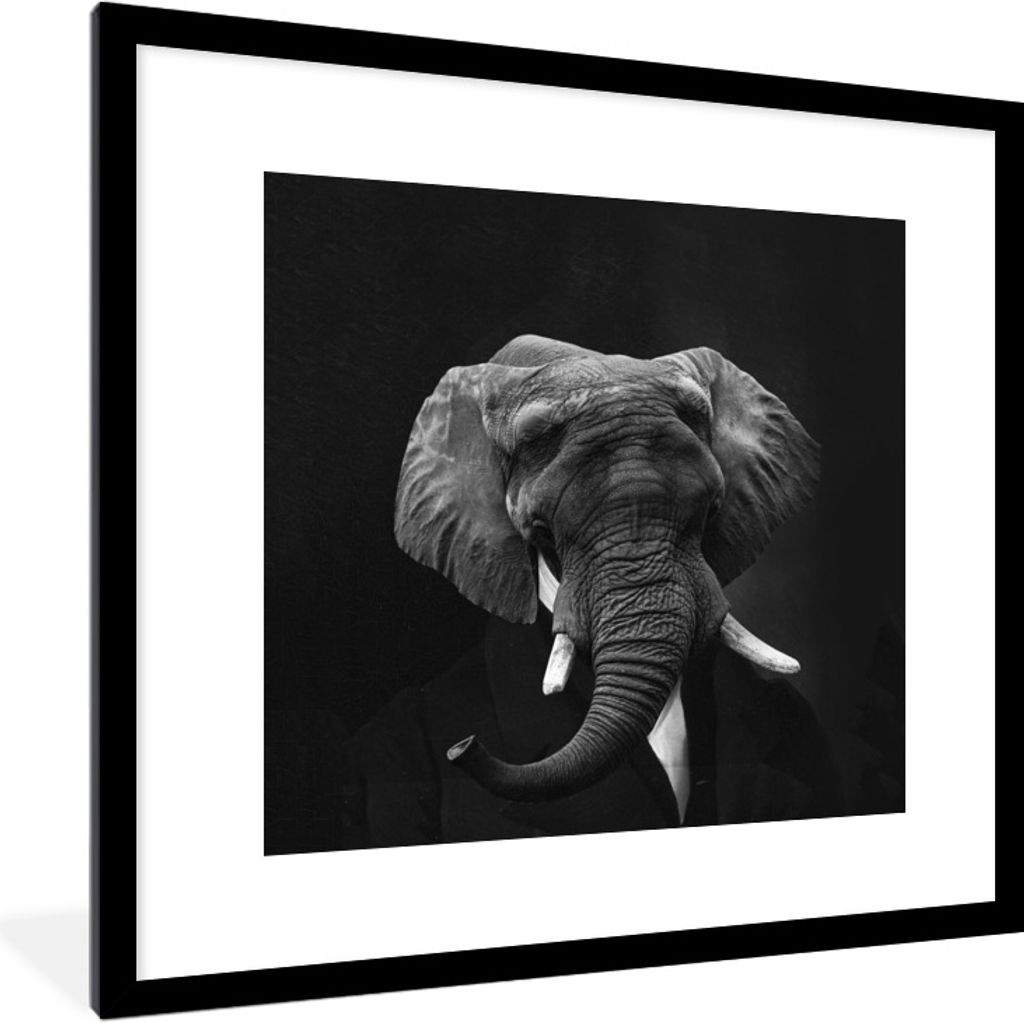 MuchoWow Gerahmtes Poster Gemälde - Afrikanischer Elefant - Schwarz - Weiß 40x40 cm - Poster mit Schwarzem Bilderrahmen Wandposter Rahmen Foto ...