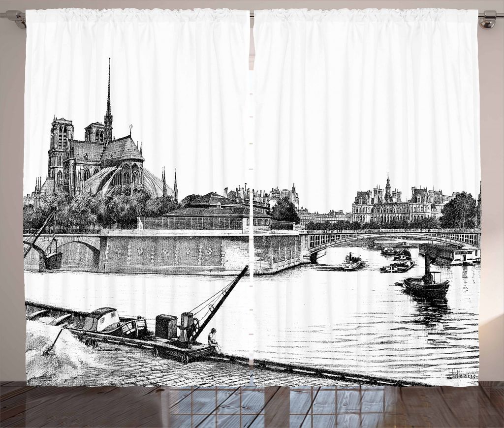 ABAKUHAUS Notre Dame Rustikaler Gardine, Antike Paris Skizze-Kunst, Schlafzimmer Kräuselband Vorhang mit Schlaufen und Haken, 280 x 245 cm, Schwar...