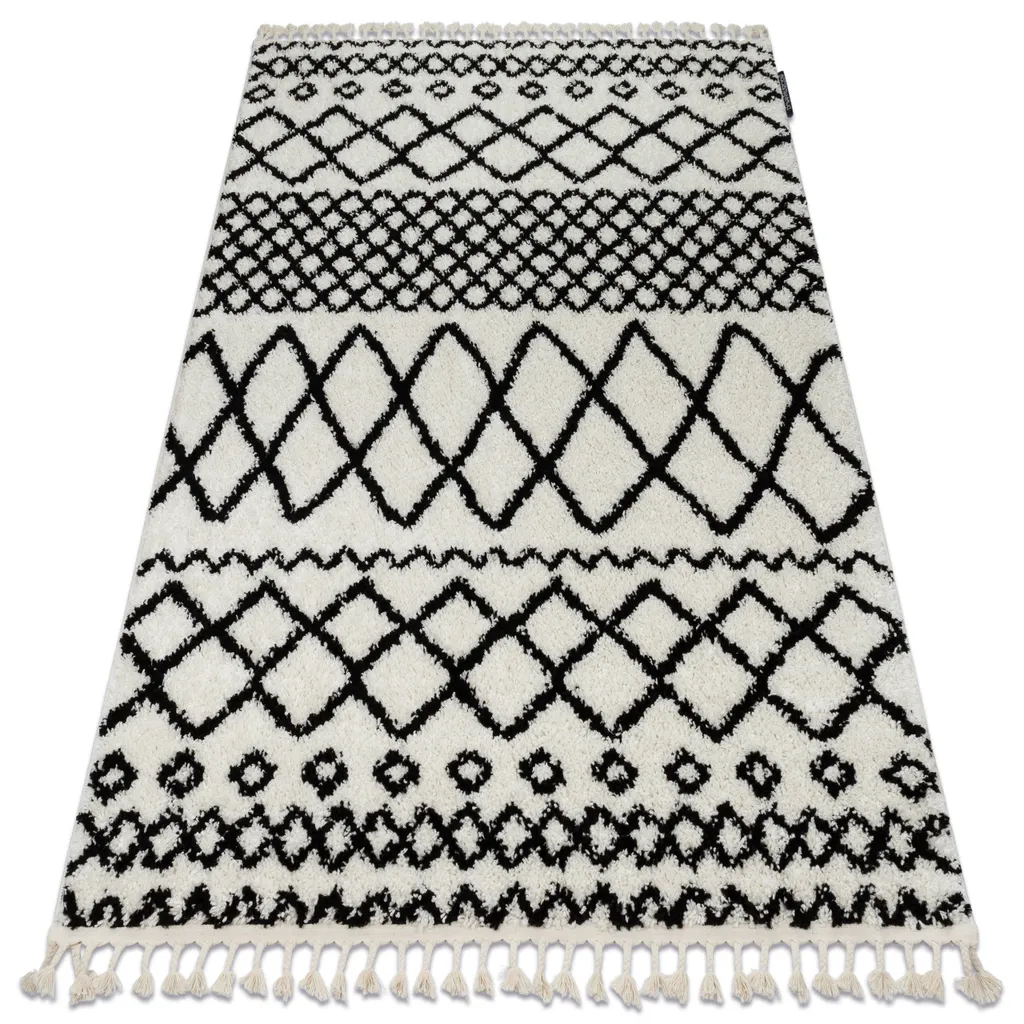 Tapis BERBER SAFI N9040 Blanc et Noir 80x150 cm Shaggy à Franges