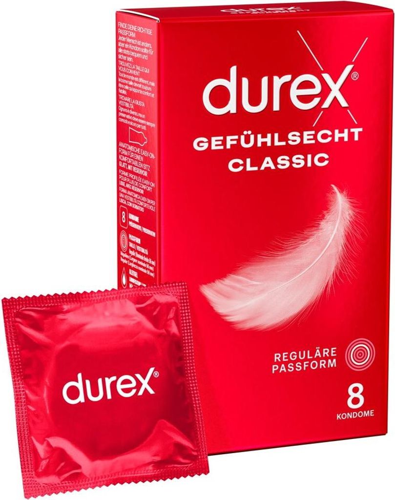 A box of Durex condoms and one individual condom packet.
