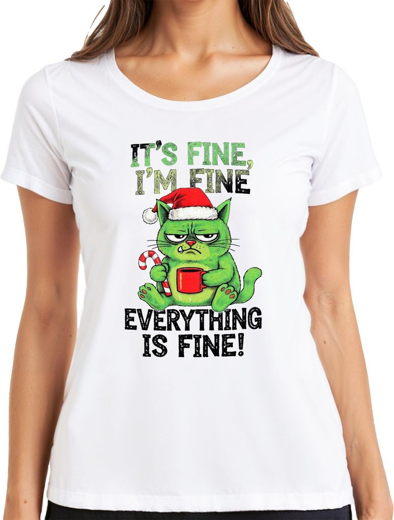 It's fine I'm fine everything is fine grumpy cat lustig weihnachten Damen T-Shirt, Weiß, S