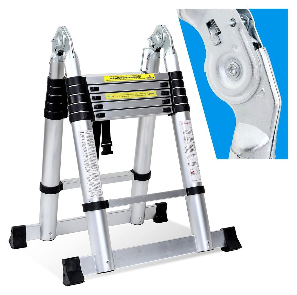 Teleskopleiter Aluminium 3,8 m (1,9 m + 1,9 m), Ausziehbare Leiter mit Tragegriff, Rutschfeste Mehrzweckleiter, Maximale Tragfähigkeit 150 kg