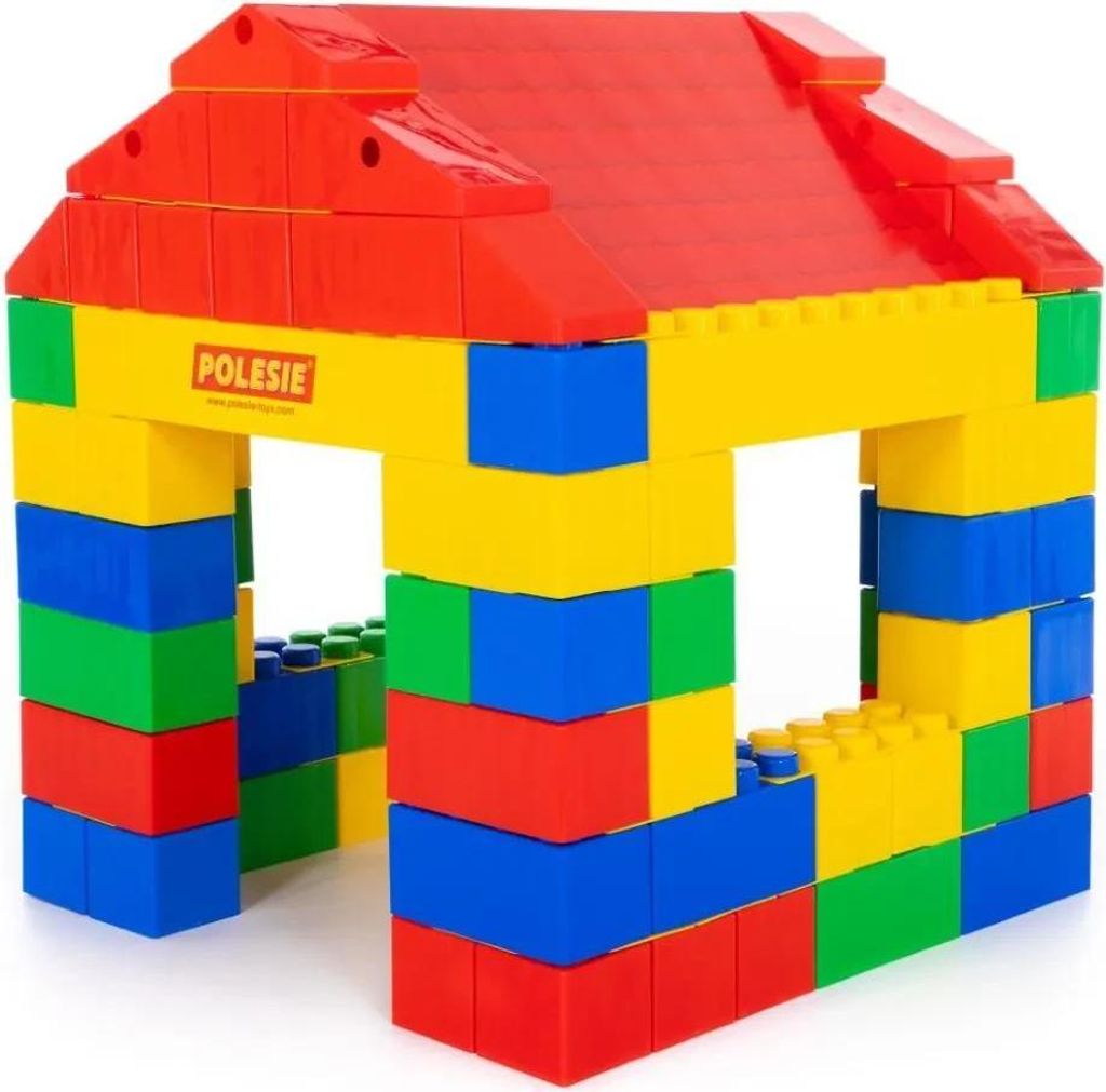 A colorful toy house made of building blocks.