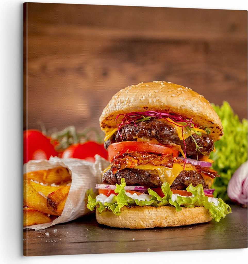 Bild auf Leinwand - Leinwandbild - Hamburger Sandwich - 60x60cm - Wand Bild - Wanddeko - Wandbilder - Leinwanddruck - Bilder - Kunstdruck - Wanddek...